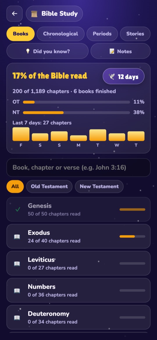 Bible Study screen with reading progress